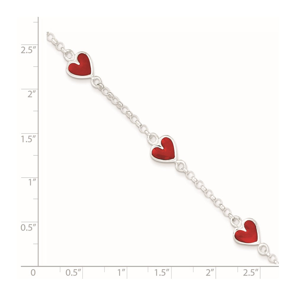 6 Inch Sterling Silver Polished & Red Enamel Heart W/ 1In Ext Children'S Bracelet