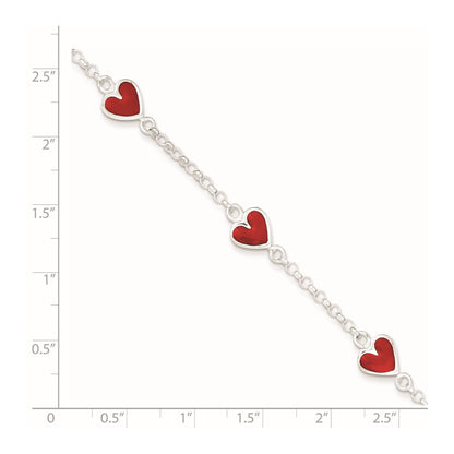 6 Inch Sterling Silver Polished & Red Enamel Heart W/ 1In Ext Children'S Bracelet