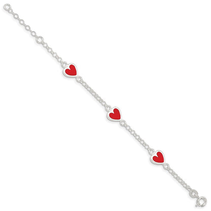 6 Inch Sterling Silver Polished & Red Enamel Heart W/ 1In Ext Children'S Bracelet