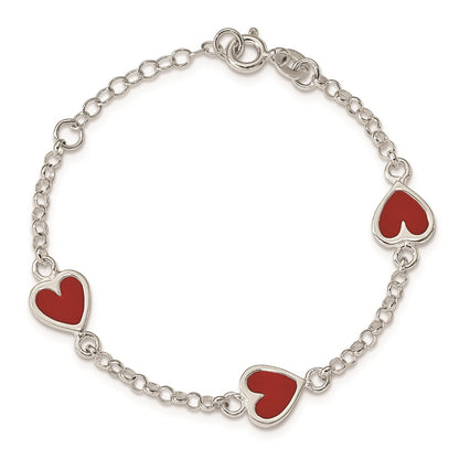 6 Inch Sterling Silver Polished & Red Enamel Heart W/ 1In Ext Children'S Bracelet