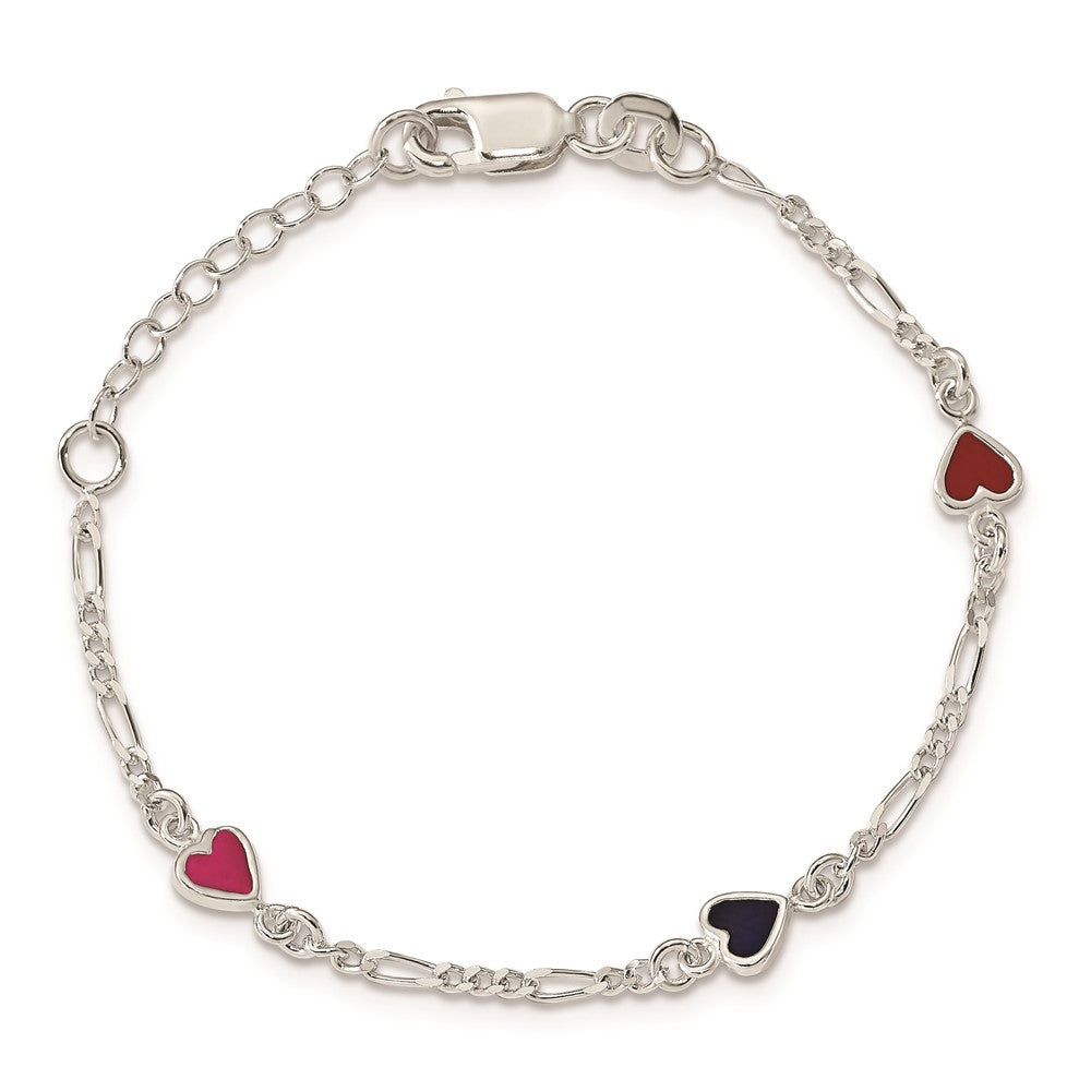 6 Inch Sterling Silver Polished & Multi-Color Enameled Hearts With 1 Extension Children'S Bracelet