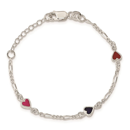 6 Inch Sterling Silver Polished & Multi-Color Enameled Hearts With 1 Extension Children'S Bracelet