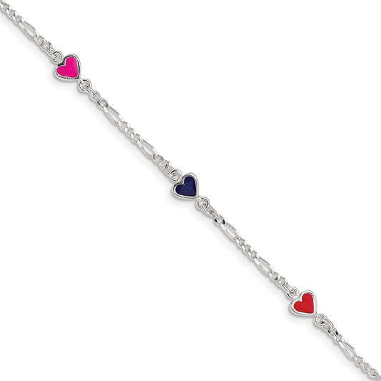 6 Inch Sterling Silver Polished & Multi-Color Enameled Hearts With 1 Extension Children'S Bracelet