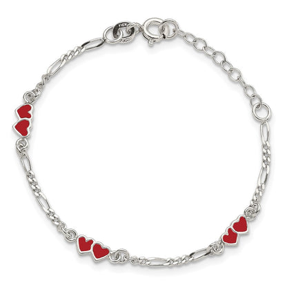 6 Inch Sterling Silver Polished & Multi-Color Enameled Double Heart With 1 Extension Children'S Bracelet