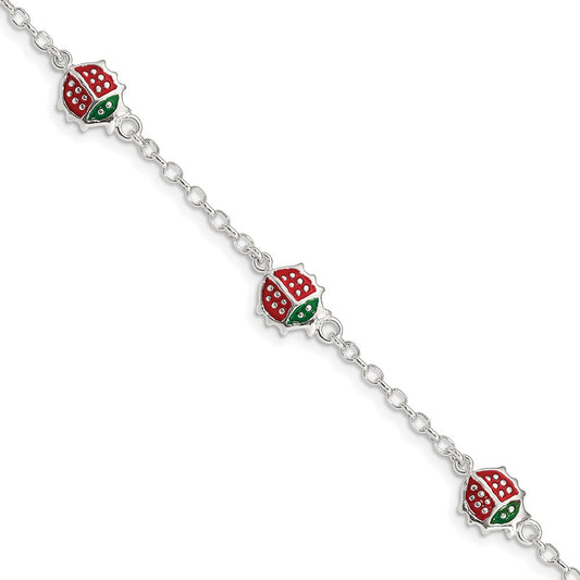 6 Inch Sterling Silver Multi-Color Enamel Ladybugs W/ 1In Ext. Children'S Bracelet