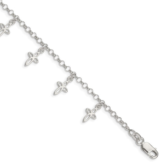 6 Inch Sterling Silver Polished Cross Charms With 1In Ext. Children'S Bracelet