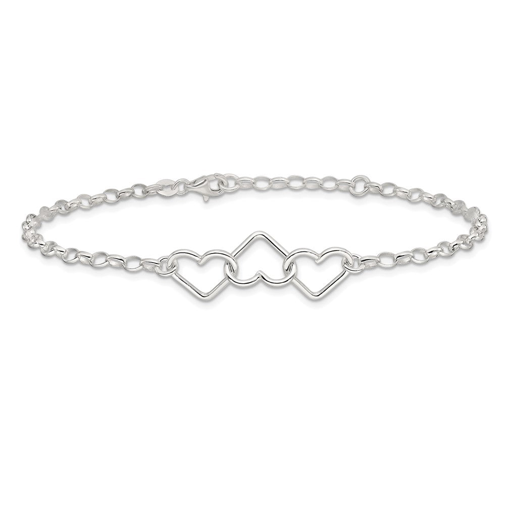 8 Inch Sterling Silver In Plus 1In Ext Interlocking Hearts Rolo Chain Anklet