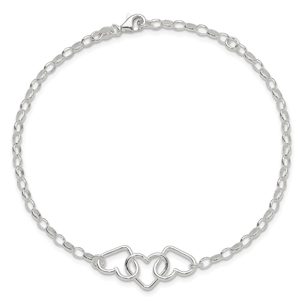 8 Inch Sterling Silver In Plus 1In Ext Interlocking Hearts Rolo Chain Anklet