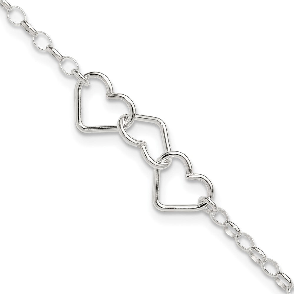 8 Inch Sterling Silver In Plus 1In Ext Interlocking Hearts Rolo Chain Anklet