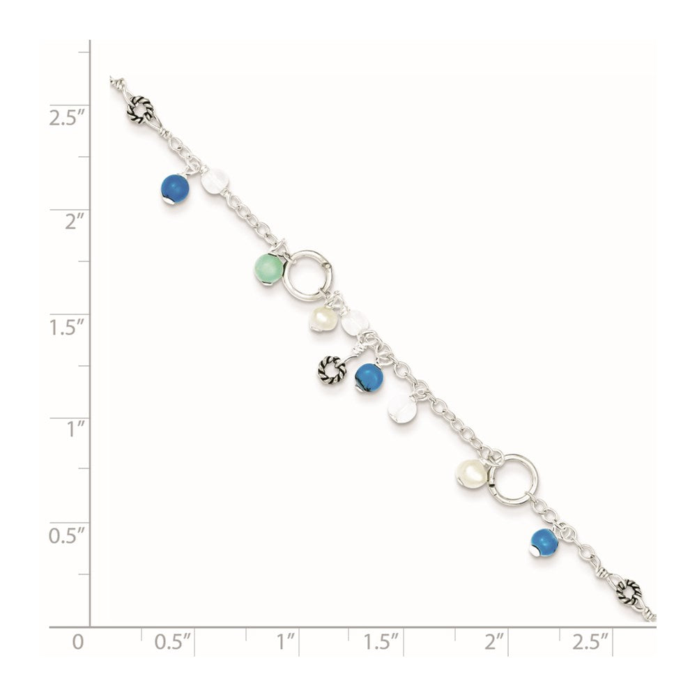 Sterling Silver Turquoise/Clear Bead/Fw Cultured Pearl Anklet