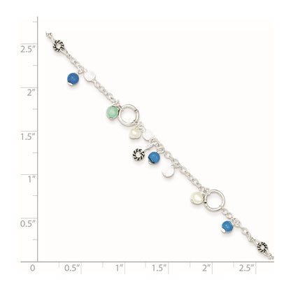 Sterling Silver Turquoise/Clear Bead/Fw Cultured Pearl Anklet