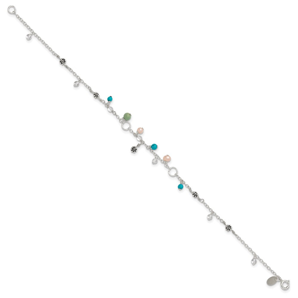 Sterling Silver Turquoise/Clear Bead/Fw Cultured Pearl Anklet