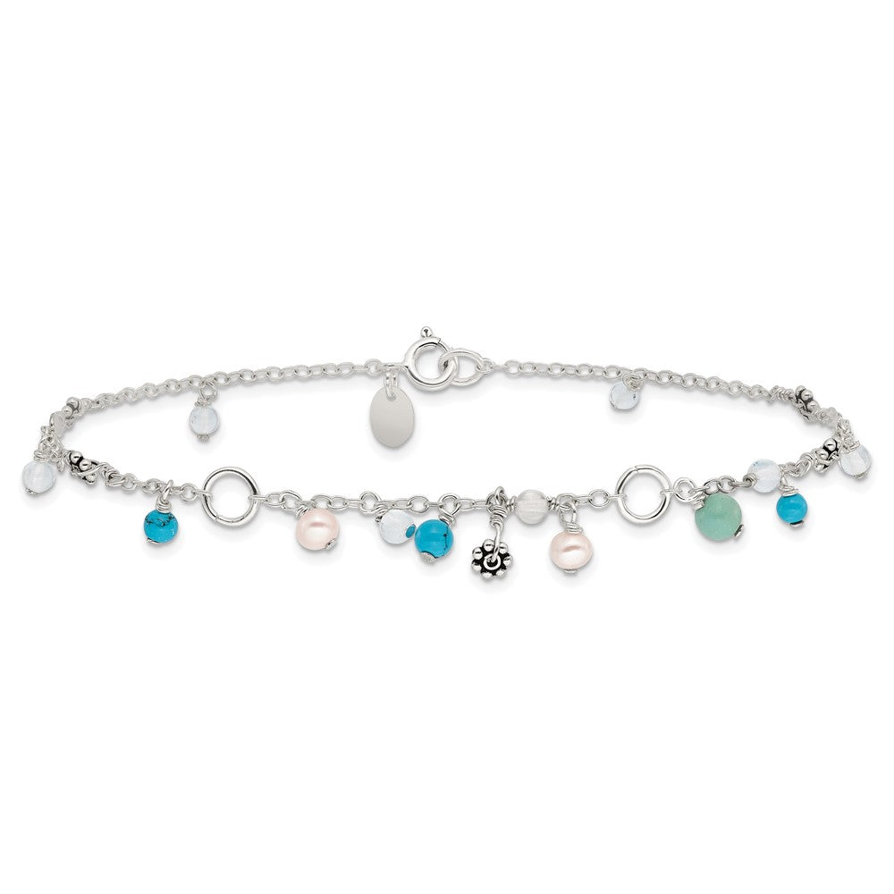 Sterling Silver Turquoise/Clear Bead/Fw Cultured Pearl Anklet