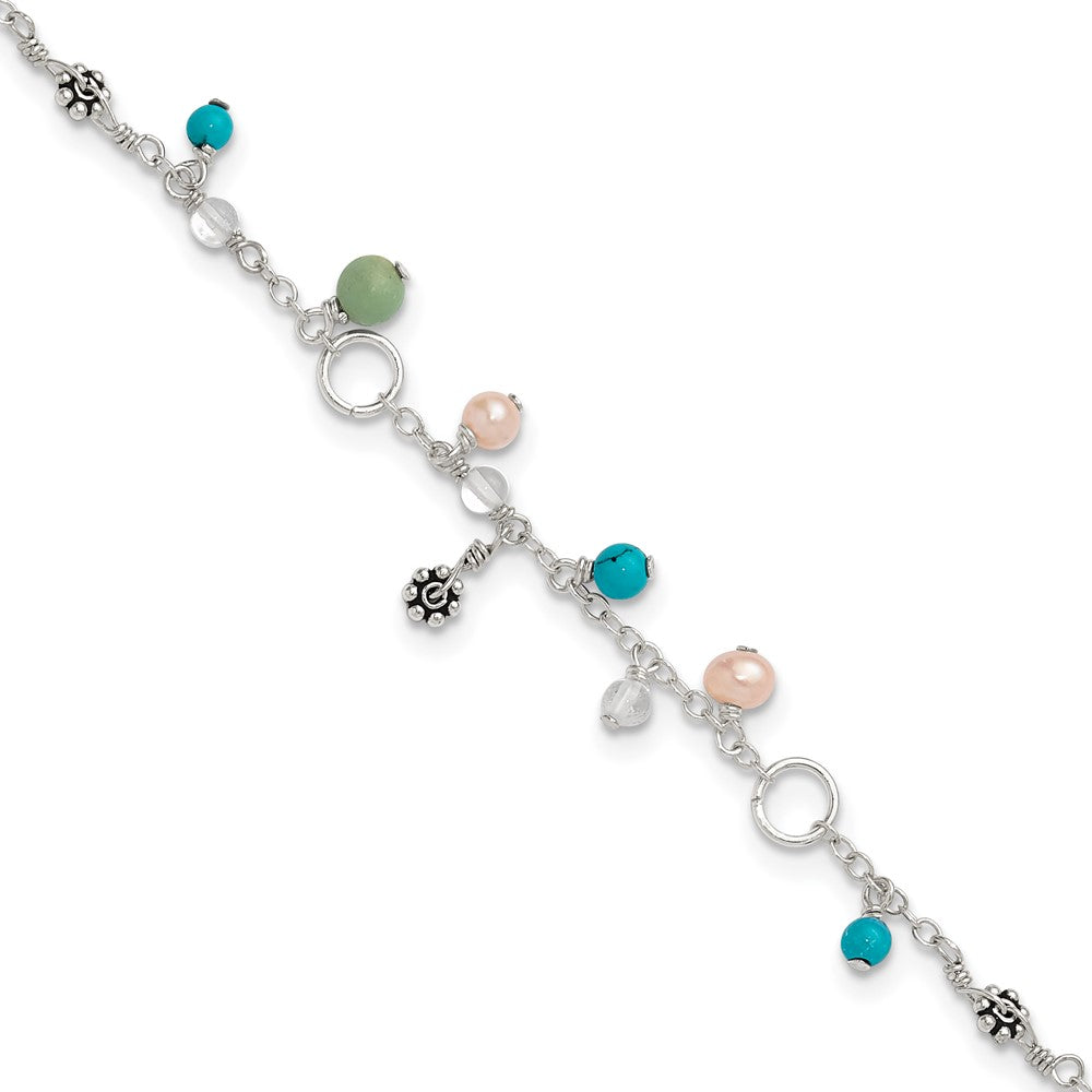 Sterling Silver Turquoise/Clear Bead/Fw Cultured Pearl Anklet
