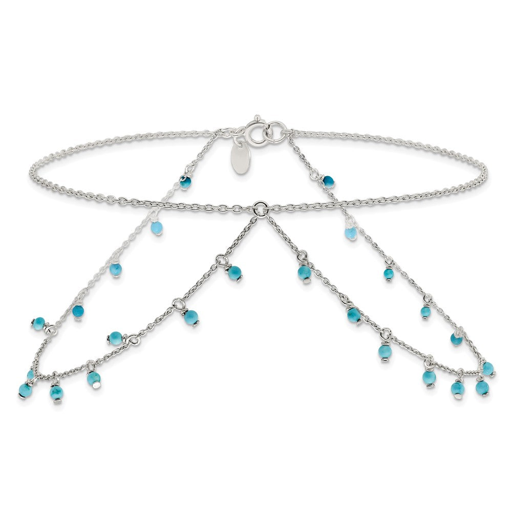 10 Inch Sterling Silver Turquoise Beads Double Chain Anklet