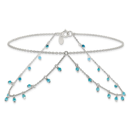 10 Inch Sterling Silver Turquoise Beads Double Chain Anklet
