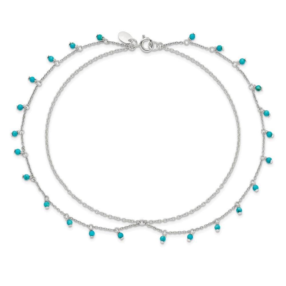 10 Inch Sterling Silver Turquoise Beads Double Chain Anklet