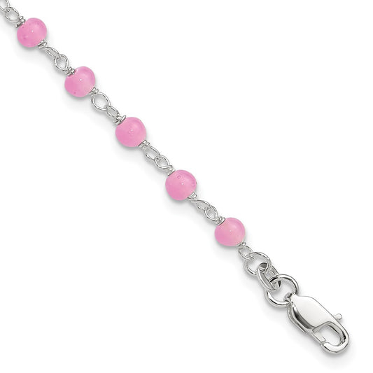 Sterling Silver Pink Glass Bead With Heart 8In Plus 1In Ext Anklet