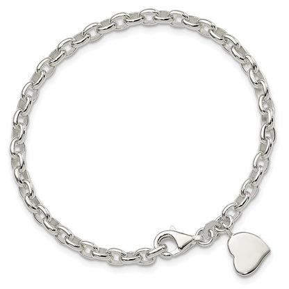 7 Inch Sterling Silver Oval Rolo With Solid Engraveable Heart Bracelet