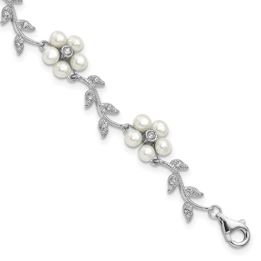 Sterling Silver Rhodium-Plated Cz Vine Pattern And Fresheater Cultured Pearl Floral 7 Inch Bracelet