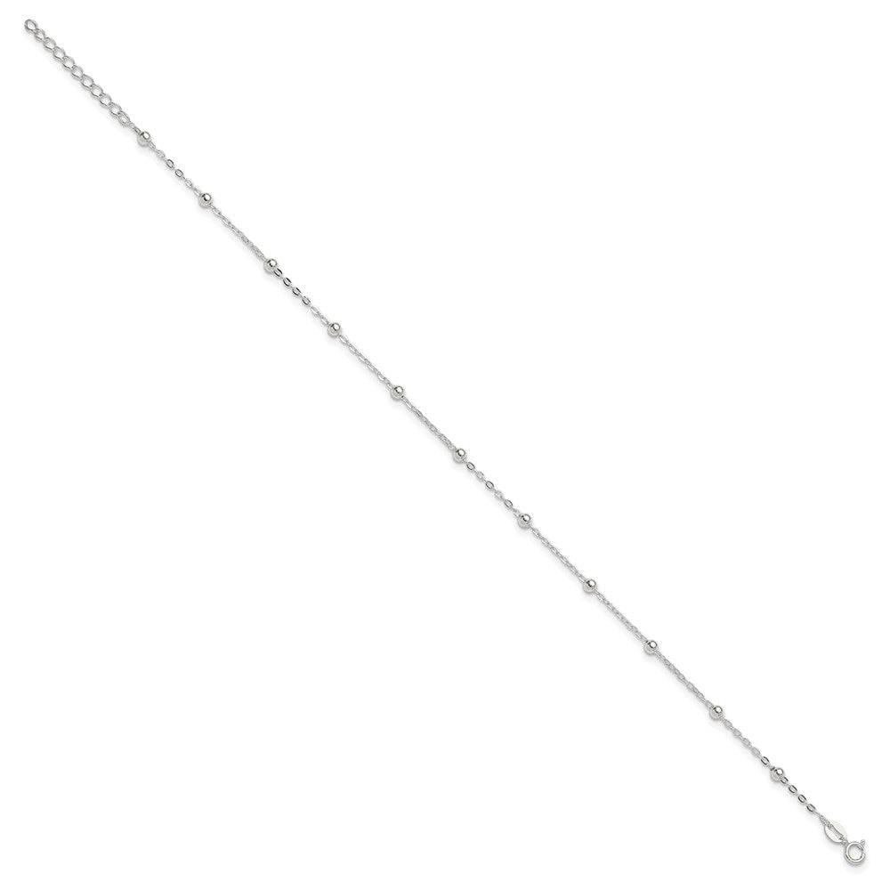9 Inch Sterling Silver 1mm Beaded Chain 9In Plus 1In Ext. Anklet