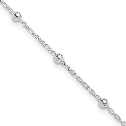 9 Inch Sterling Silver 1mm Beaded Chain 9In Plus 1In Ext. Anklet