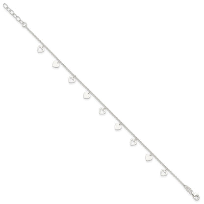 Sterling Silver Polished Hearts 9In Plus 1In Ext. Anklet