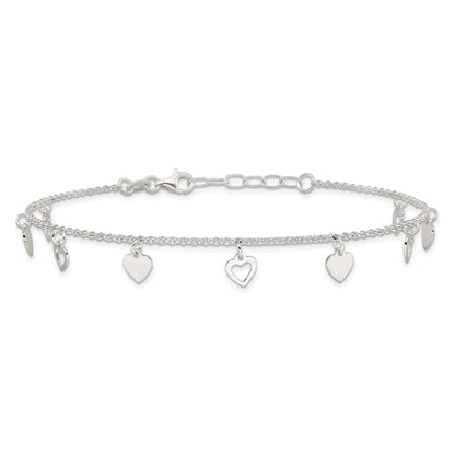 Sterling Silver Polished Hearts 9In Plus 1In Ext. Anklet