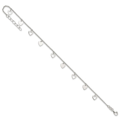 Sterling Silver Polished Hearts 9In Plus 1In Ext. Anklet