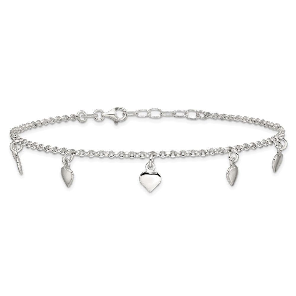 Sterling Silver Polished Hearts Anklet