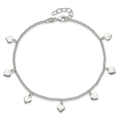 Sterling Silver Polished Hearts Anklet