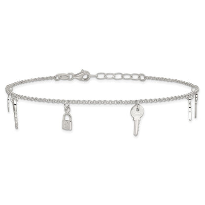 Sterling Silver Polished Lock And Key 9In Plus 1In Ext. Anklet