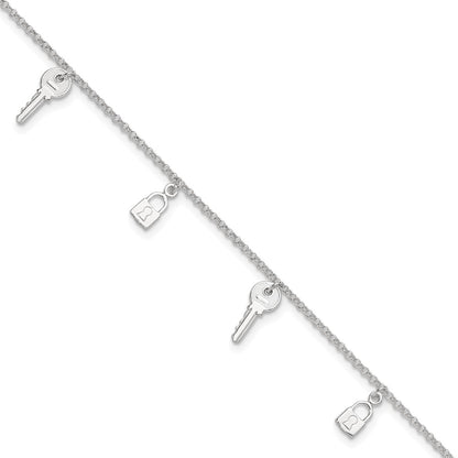 Sterling Silver Polished Lock And Key 9In Plus 1In Ext. Anklet