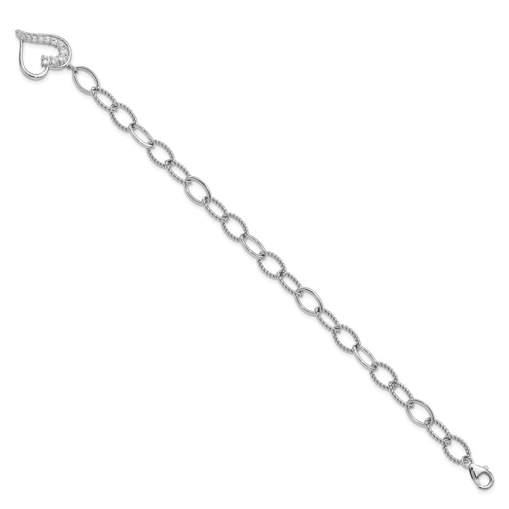 7.5 Inch Sterling Silver Rhodium Plated Journey Heart Cz Dangle Bracelet
