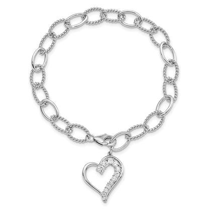 7.5 Inch Sterling Silver Rhodium Plated Journey Heart Cz Dangle Bracelet