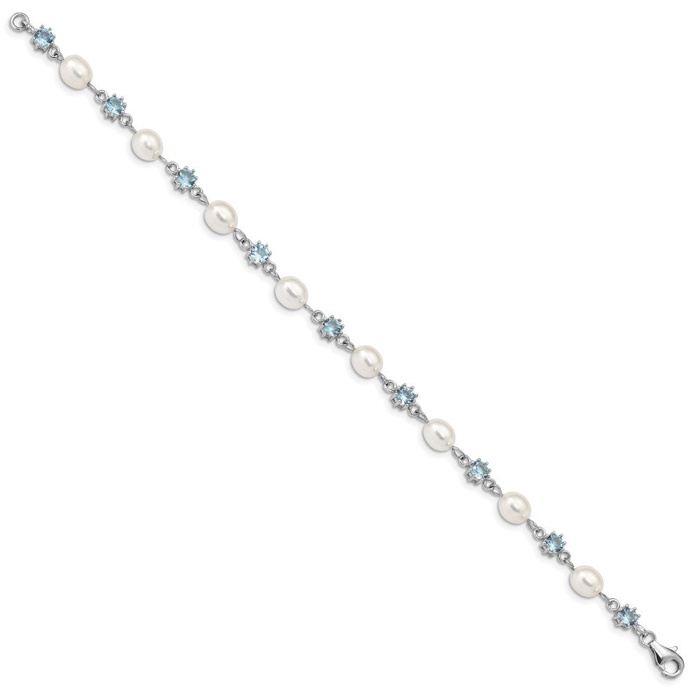 7 Inch Sterling Silver Rhodium Blue Cz Fw Cultured Pearl Bracelet