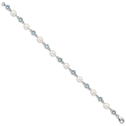 7 Inch Sterling Silver Rhodium Blue Cz Fw Cultured Pearl Bracelet