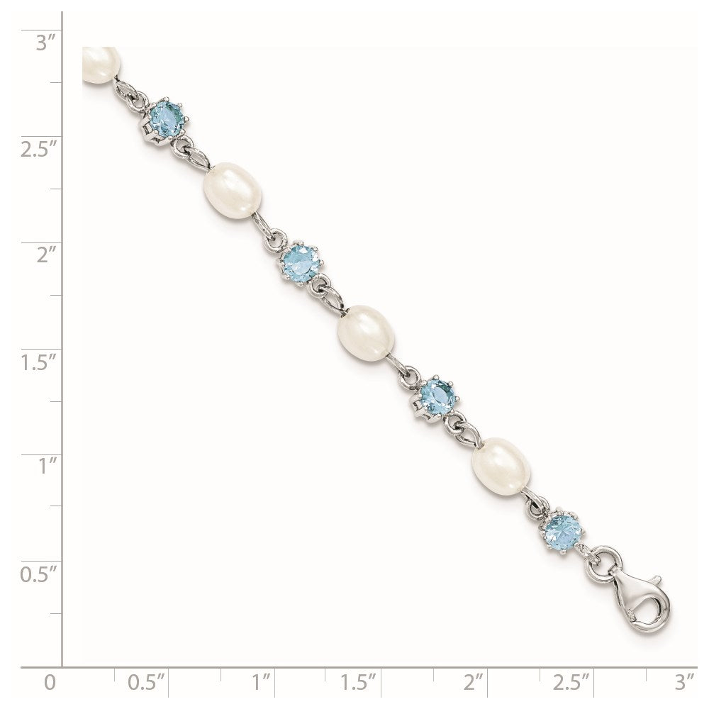 7 Inch Sterling Silver Rhodium Blue Cz Fw Cultured Pearl Bracelet