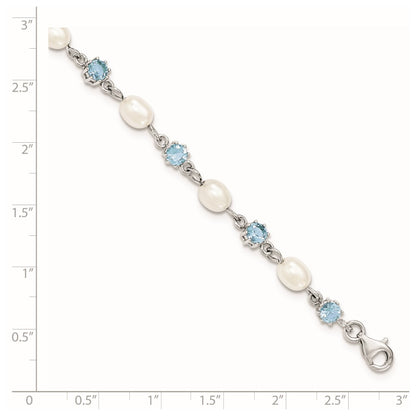 7 Inch Sterling Silver Rhodium Blue Cz Fw Cultured Pearl Bracelet