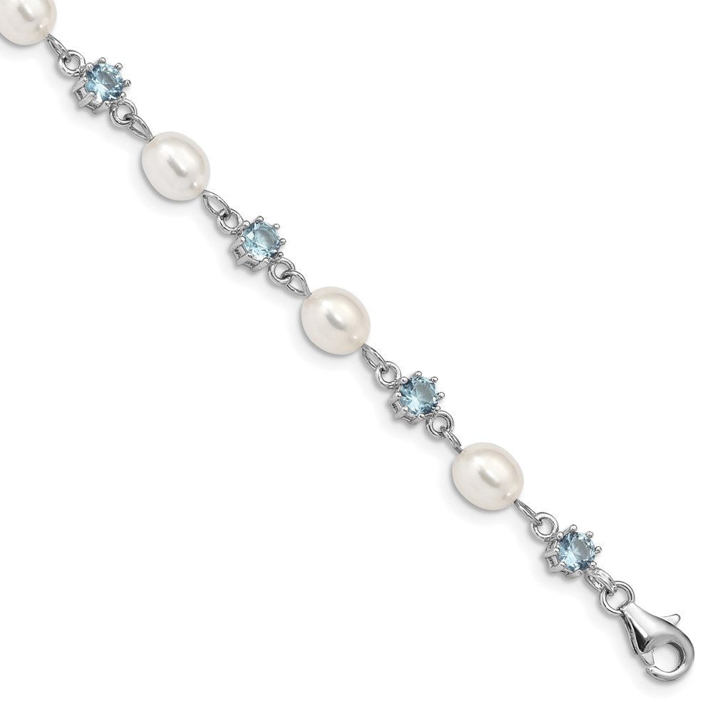 7 Inch Sterling Silver Rhodium Blue Cz Fw Cultured Pearl Bracelet