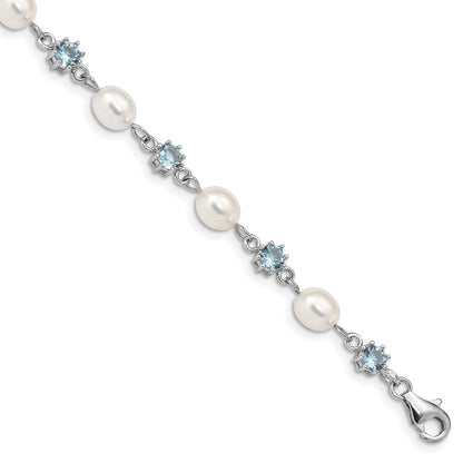 7 Inch Sterling Silver Rhodium Blue Cz Fw Cultured Pearl Bracelet