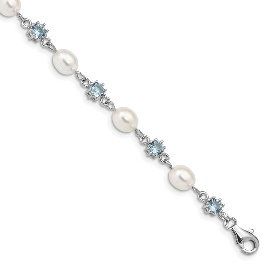 7 Inch Sterling Silver Rhodium Blue Cz Fw Cultured Pearl Bracelet