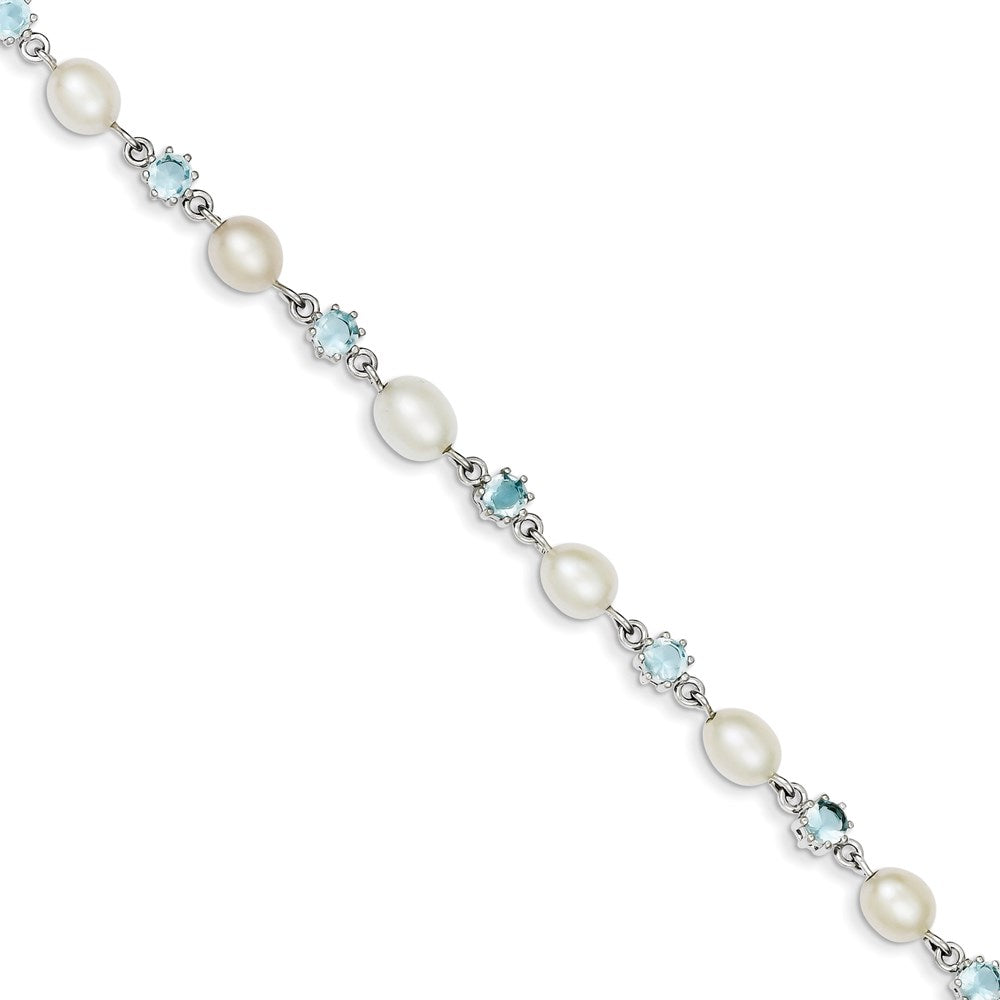 7 Inch Sterling Silver Rhodium Blue Cz Fw Cultured Pearl Bracelet
