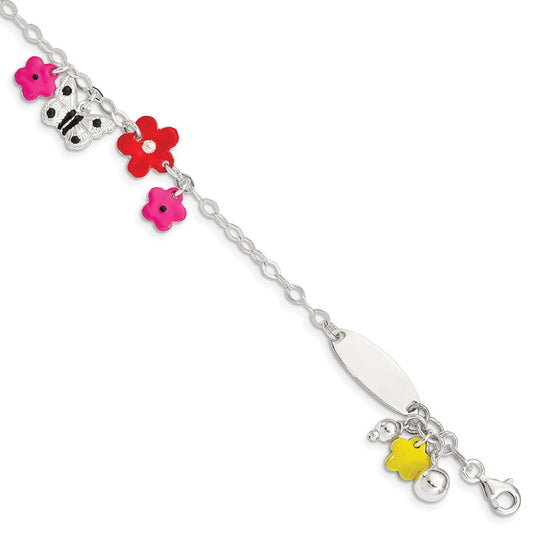 6 Inch Sterling Silver Polished & Textured Multi-Color Enameled Floral Butterfly With 1 Extension Children'S Id Bracelet