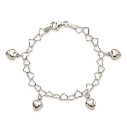 6 Inch Sterling Silver Polished Dangling Heart Children'S Bracelet