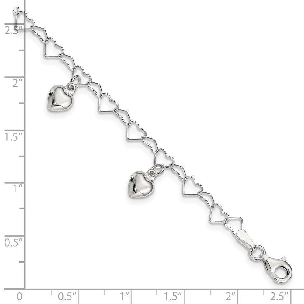 6 Inch Sterling Silver Polished Dangling Heart Children'S Bracelet