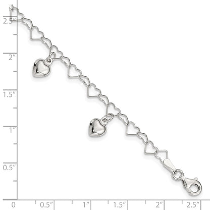6 Inch Sterling Silver Polished Dangling Heart Children'S Bracelet