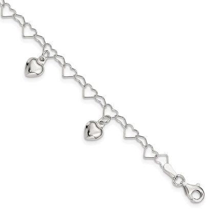 6 Inch Sterling Silver Polished Dangling Heart Children'S Bracelet
