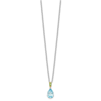 Sterling Silver Brilliant Gemstones With14K Accent Rhodium-Plated Sky Blue Topaz And Peridot 18 Inch Necklace With 2 Extender