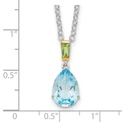 Sterling Silver Brilliant Gemstones With14K Accent Rhodium-Plated Sky Blue Topaz And Peridot 18 Inch Necklace With 2 Extender